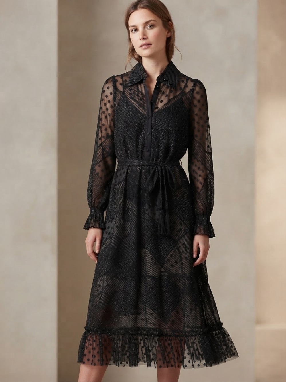 Wolf & Badger Black Chevron Sheer Long-Sleeve Midi Dress